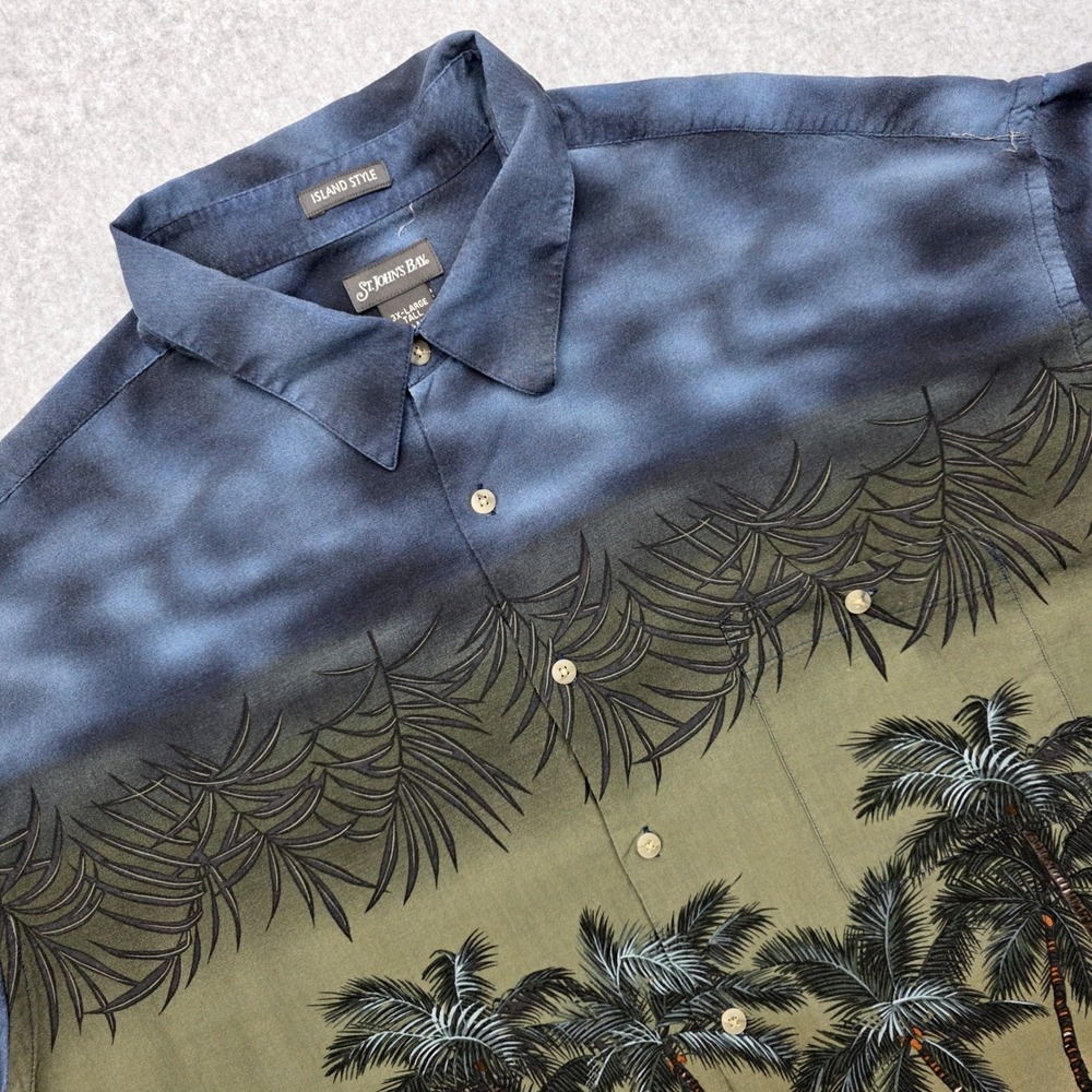 St‎ Johns Bay Island Style Men's 3XL Tall 100% Rayon Blue Palm Hawaiian Shirt
